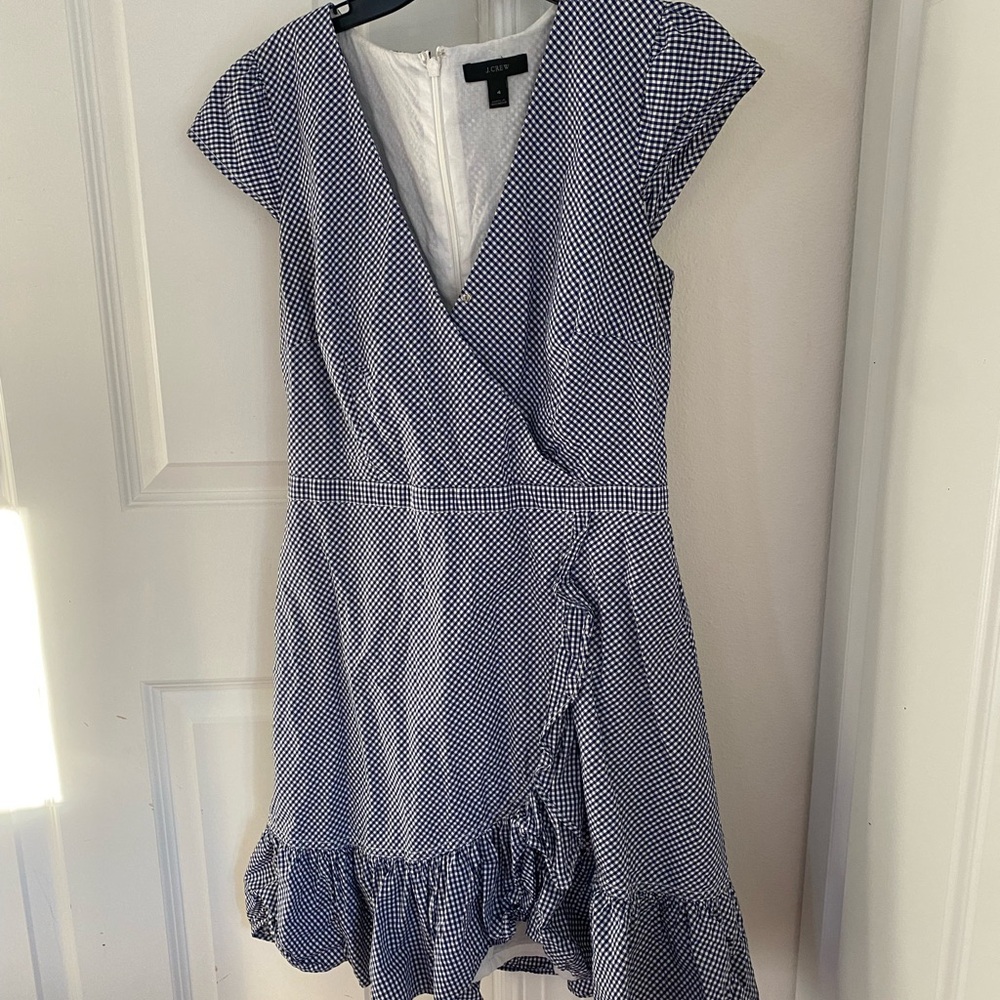 J Crew Gingham Dress, faux wrap with flouncy hem